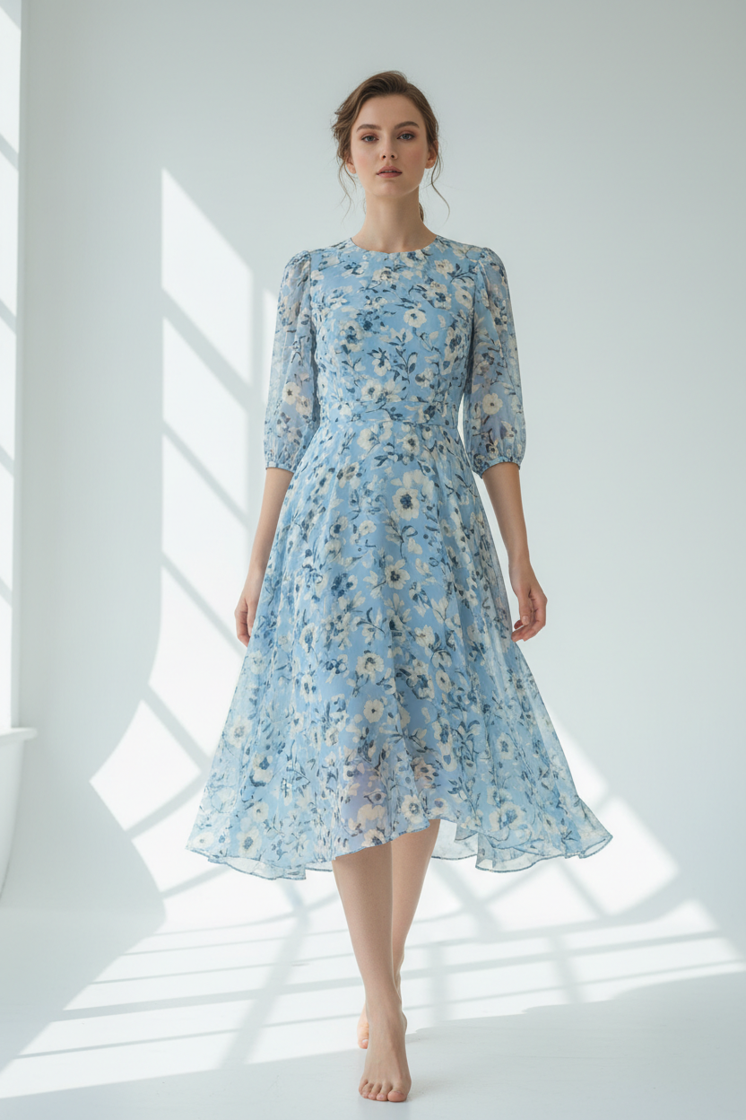 Robe Midi Fleurie — coloris bleu fleuri